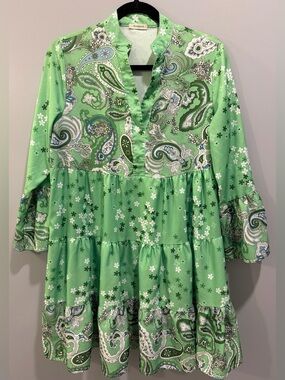 Sunday Up Paisley Print Long Sleeve Tiered V-Neck Dress Green Multi Size M